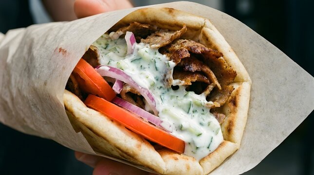 Street food gyro wrap with meat, vegetables, and sauce held in hand.