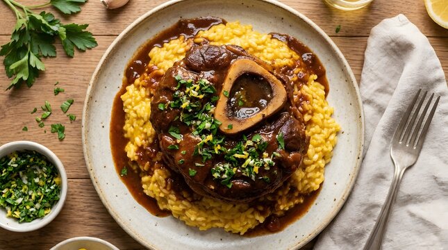 Osso buco veal shank with saffron risotto and gremolata topping on plate.