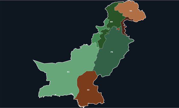 Pakistan administrative map with provinces, regional territory borders in green and brown colors, detailed political map vector illustration