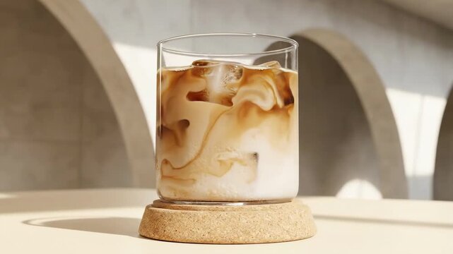 Minimal coffee day composition with iced coffee and flowing cream patterns in a clear tumbler on a cork coaster, framed by sculptural plaster arches, skylight glow, and serene neutral architecture