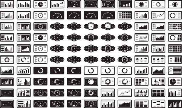 Collection of Various Dashboard Icons Showing Analytics Charts Graphs Speedometers and Data Visualization Elements Isolated Design