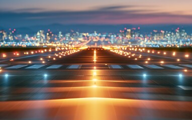 Fototapeta premium Aerial View of Airport Runway System Glowing with Guidance Lights at Dusk