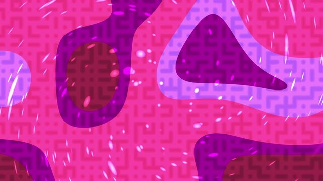 Abstract pink and purple fluid shapes background with geometric maze texture and glowing particles.