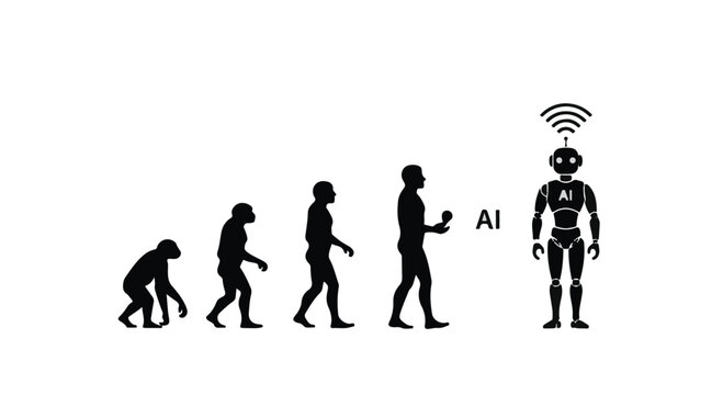 Evolution sequence depicts the progression from early primates to artificial robots.