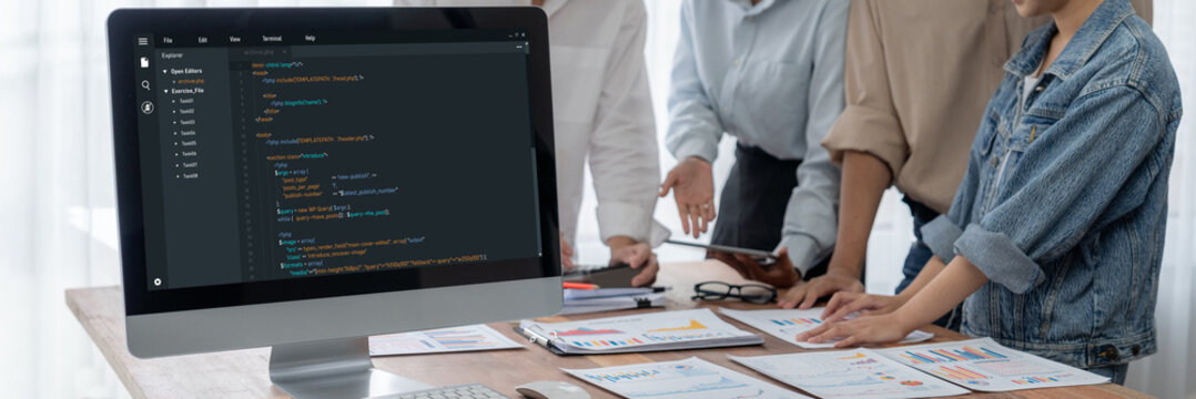 Software development programming on computer screen for brisk application and program coding