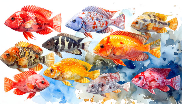 South American cichlid varieties with dramatic markings displaying a dominant soft aggressive large aquarium species professional aquatic watercolor painting atmosphere generative AI