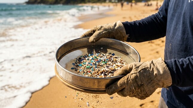 Person filtering beach sand through mesh strainer to collect toxic microplastic fragments polluting the coastline