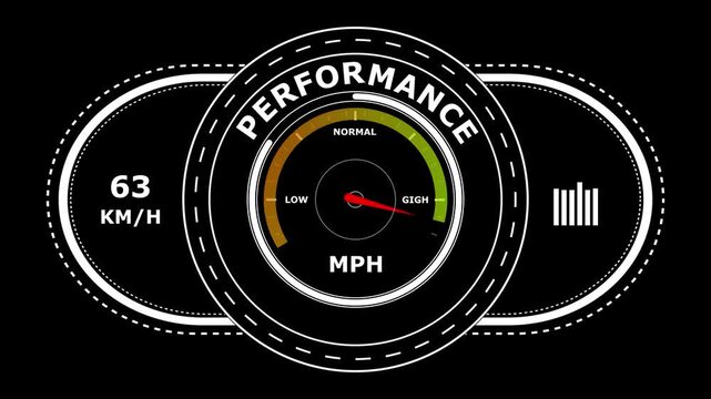 Digital dashboard gauge showing performance status with speedometer and kilometers per hour display on a dark background for automotive interface