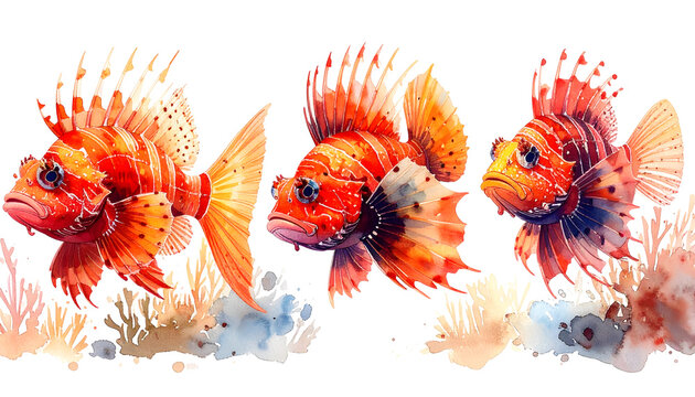 Scorpionfish and firefish varieties displaying venomous spines and dramatic red orange coloring in an aggressive dangerous marine aquarium watercolor painting atmosphere generative AI