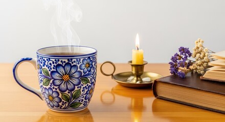 Fototapeta premium A delicate floral ceramic mug filled with steaming herbal tea rests on a wooden surface beside a lit candle, vintage book, and dried flowers, accessories, rustic, vintage book
