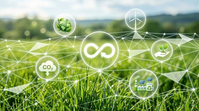 Green sustainable development concept background, circular economy and environmental protection digital network, corporate ESG strategy and net zero transition, energy efficiency technology icons, eco