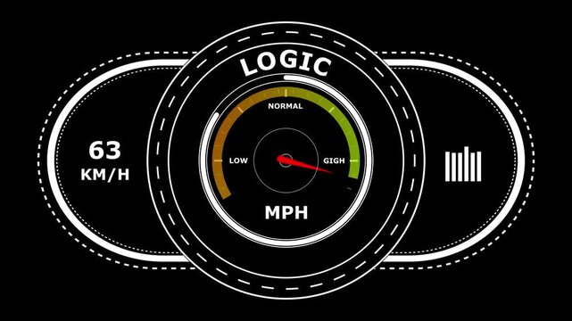 Digital dashboard gauge showing logic level with speedometer and bar graph on black background