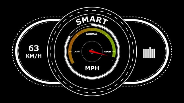 Digital dashboard gauge showing smart level with speedometer and bar graph on black background