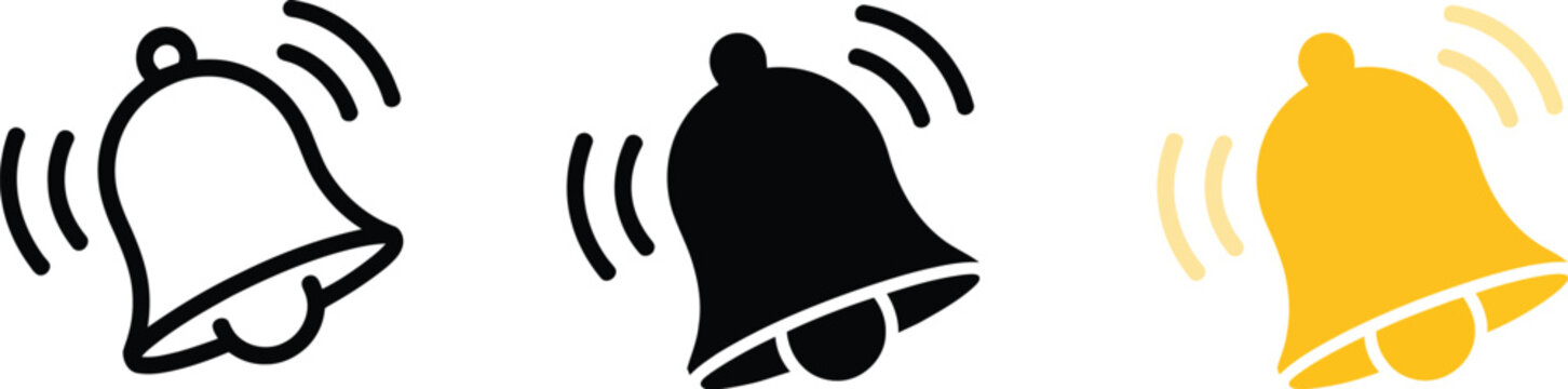 Three ringing bell in outline solid black and yellow sound notification