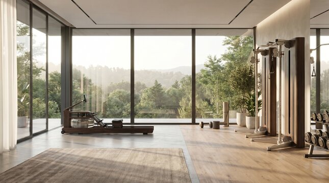 Elegant home gym setup with modern equipment and nature view. Premium fitness background, copy space