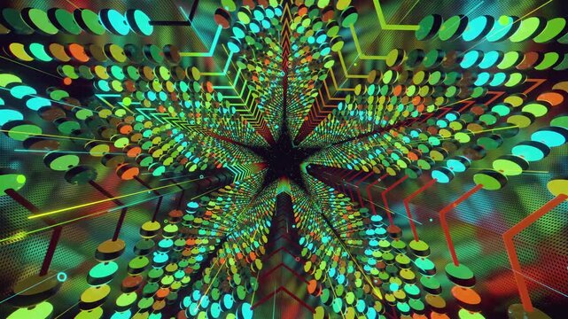 Seamless loop of a star-shaped tunnel. Abstract digital vortex with rhythmic motion and glowing geometric elements, creating a deep perspective background for stage screens and event displays.