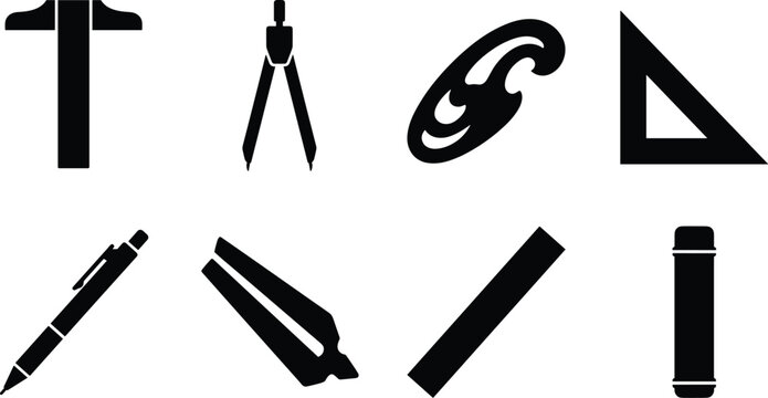 Drafting and architecture tools vector icons set featuring t-square compass french curve rulers pencil and blueprint tube