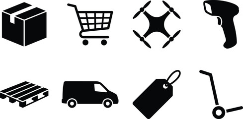Logistics and e-commerce vector icons set featuring delivery box shopping cart drone barcode scanner pallet van price tag and hand truck © Khadija