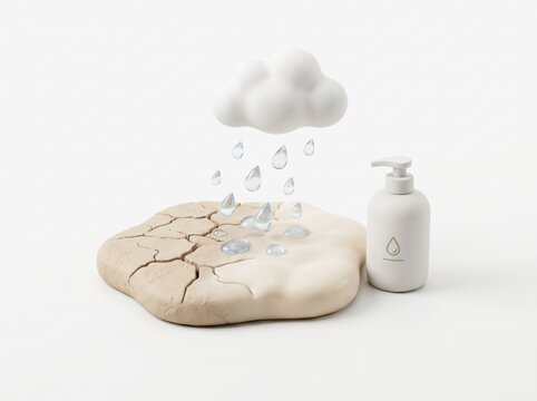 Isolated 3D illustration of cracked skin surface hydrated by raincloud for moisturizing concept