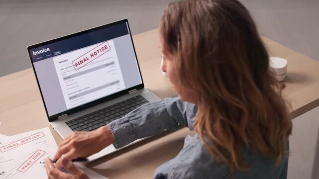 Worried Woman Reads Final Rent Notice Searching Online