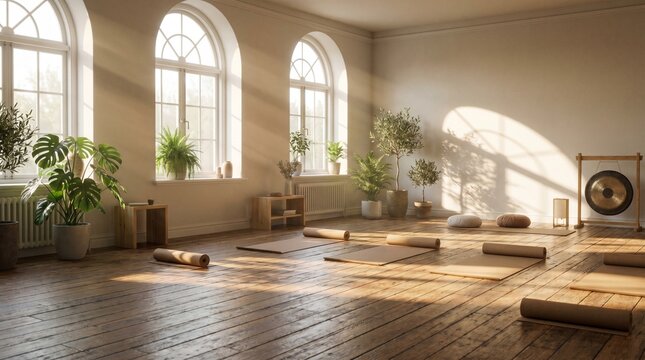 Peaceful yoga studio interior with soft morning sunlight, wooden floors and plants. Large copy space