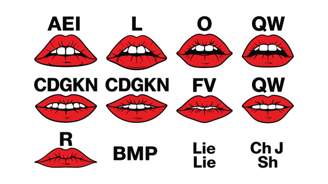 Lip silhouette vector phoneme chart with mouth shapes