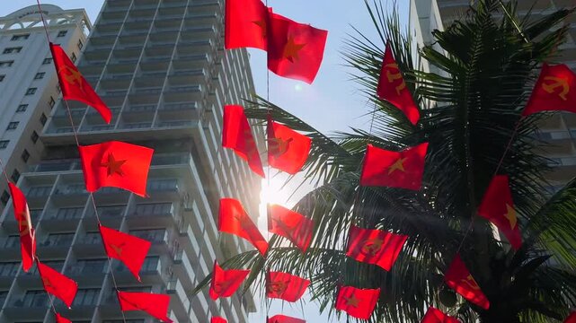 Vietnamese and Communist Party flags on strings sun backlit above city street with palms and high buildings in background