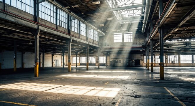 A spacious empty industrial warehouse interior featuring high ceilings, weathered concrete floors, and bright natural light streaming in, abandoned, beam, bright