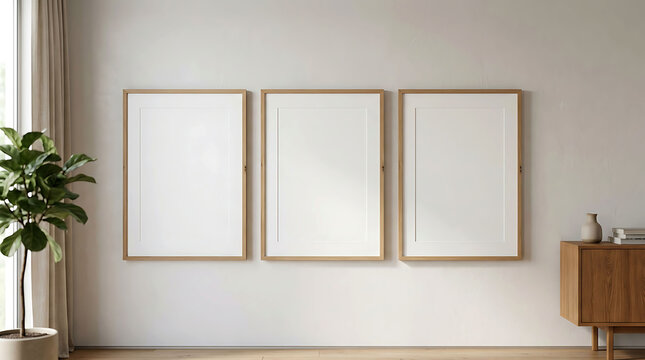 Triple Frame Mockup Gallery Wall Display In Bright Minimalist Modern Interior Room