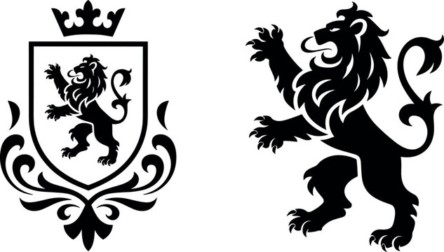 Heraldic rampant lion vector coat of arms set with shield crown and vintage floral elements