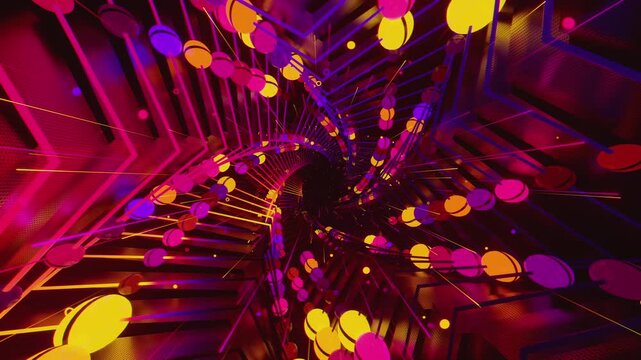 Seamless loop of a star-shaped tunnel. Abstract digital vortex with rhythmic motion and glowing geometric elements, creating a deep perspective background for stage screens and event displays.