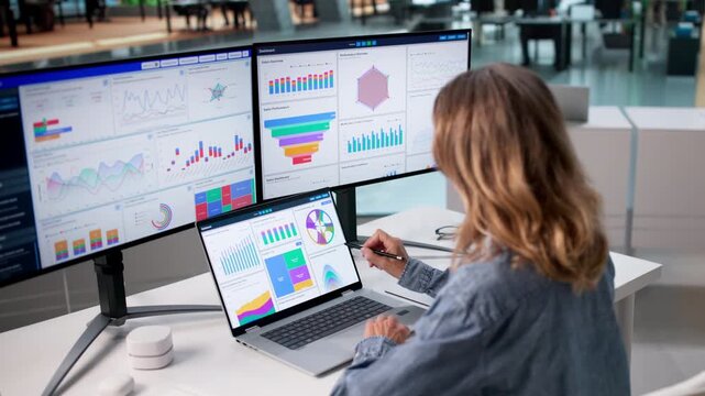 Financial Analyst Reviewing Dashboard Data Carefully On Laptop
