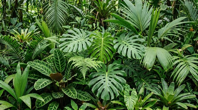 Lush tropical greenery featuring monstera, palms, ferns and broad leaves forming dense, exotic jungle foliage. Vivid green textures and layered plant life ideal for nature, botany and background.