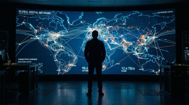 Businessman Silhouette Standing in Front of a Large Digital Screen Showing Global Network Connections and Data Flow in a Modern Command Center