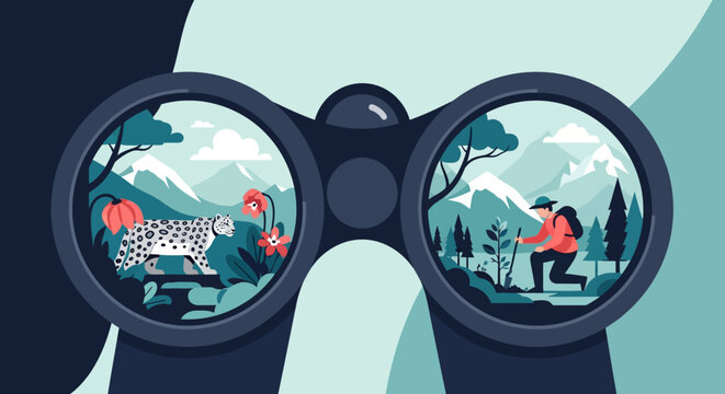 A captivating illustration viewed through binoculars, showcasing a vibrant natural landscape with a snow leopard and a hiker exploring the wilderness.