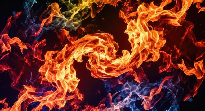 Mesmerizing abstract digital artwork featuring vibrant fiery flames dynamically swirling with intense energy and passion in colorful patterns, yellow, fluid, warm