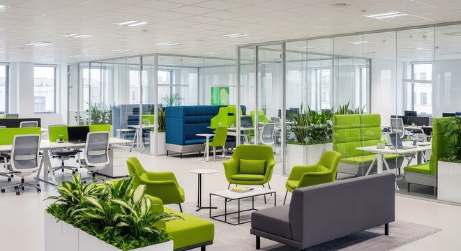 Modern open plan office featuring modular glass partitions, vibrant green accents, and stylish seating areas for an innovative workspace, plants, coworking, design
