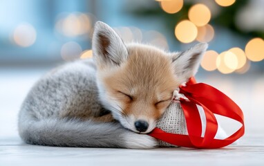 Obraz premium Cute Fox Curled Up with Tiny Festive Ribbon in Soft Warm Bokeh Background