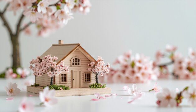 桜の花と家の模型
