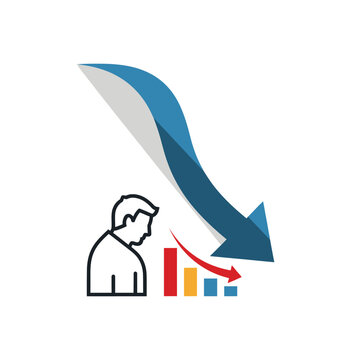 Business man facing financial decline with arrow pointing down and decreasing bar chart, isolated white background.