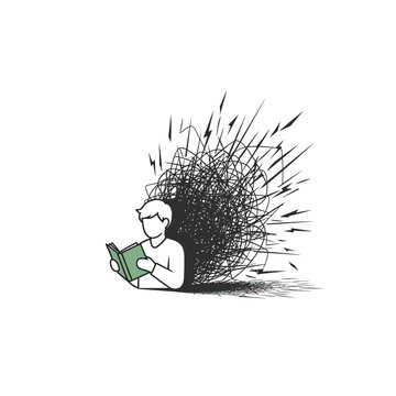 Person reading a book with head exploding in intense chaotic lines, symbolizing severe information overload, mental exhaustion, and study stress on an isolated white background.