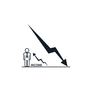 Person with "INCOME" text and a steep downward arrow, symbolizing rapid income decrease and severe financial crisis on an isolated white background.