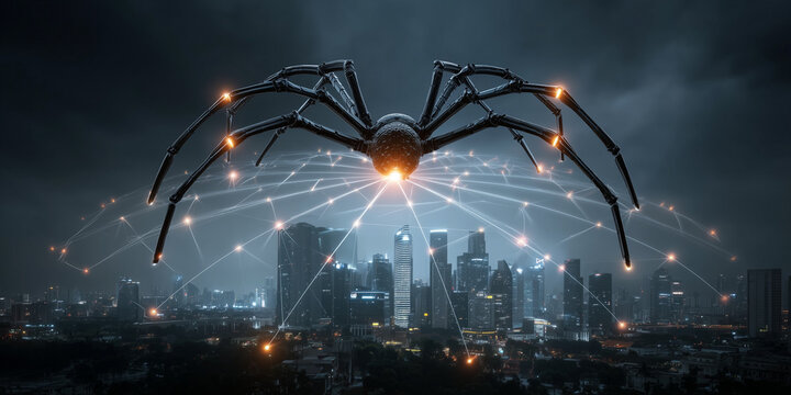 Futuristic cyber spider overlooking a cityscape with data privacy concerns and digital connectivity themes