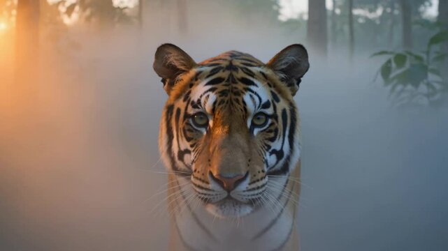 A tiger with piercing eyes stares directly at the camera in a foggy forest.