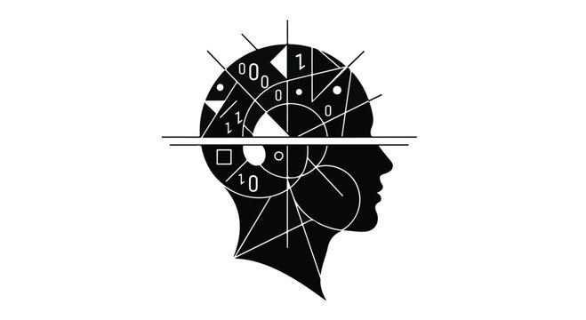 Human head profile features geometric patterns and binary code representing digital mind.