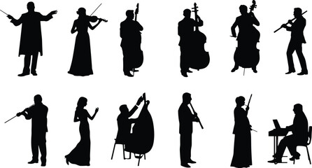 Classical Orchestra Musicians Silhouette Collection Set with Conductor String Players and Pianist Performance Poses © Candek
