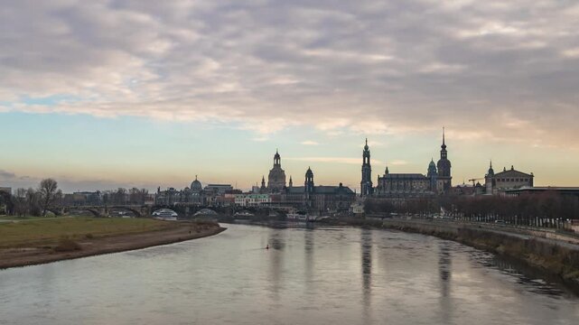 Dresden Germany time lapse city skyline at Elbe River and Augustus Bridge