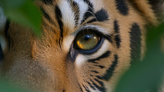 A tiger's piercing eyes stare directly into the camera through green leaves.