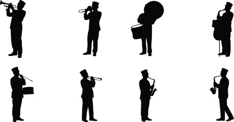 Marching Band Musician Silhouette Collection Set with Trumpet Saxophone Drum and Brass Instrument Players © Candek