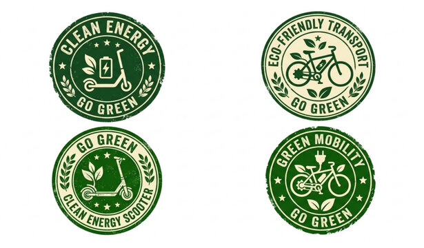 sustainable transportation vector set with green electric scooter and e-bike eco badge icons